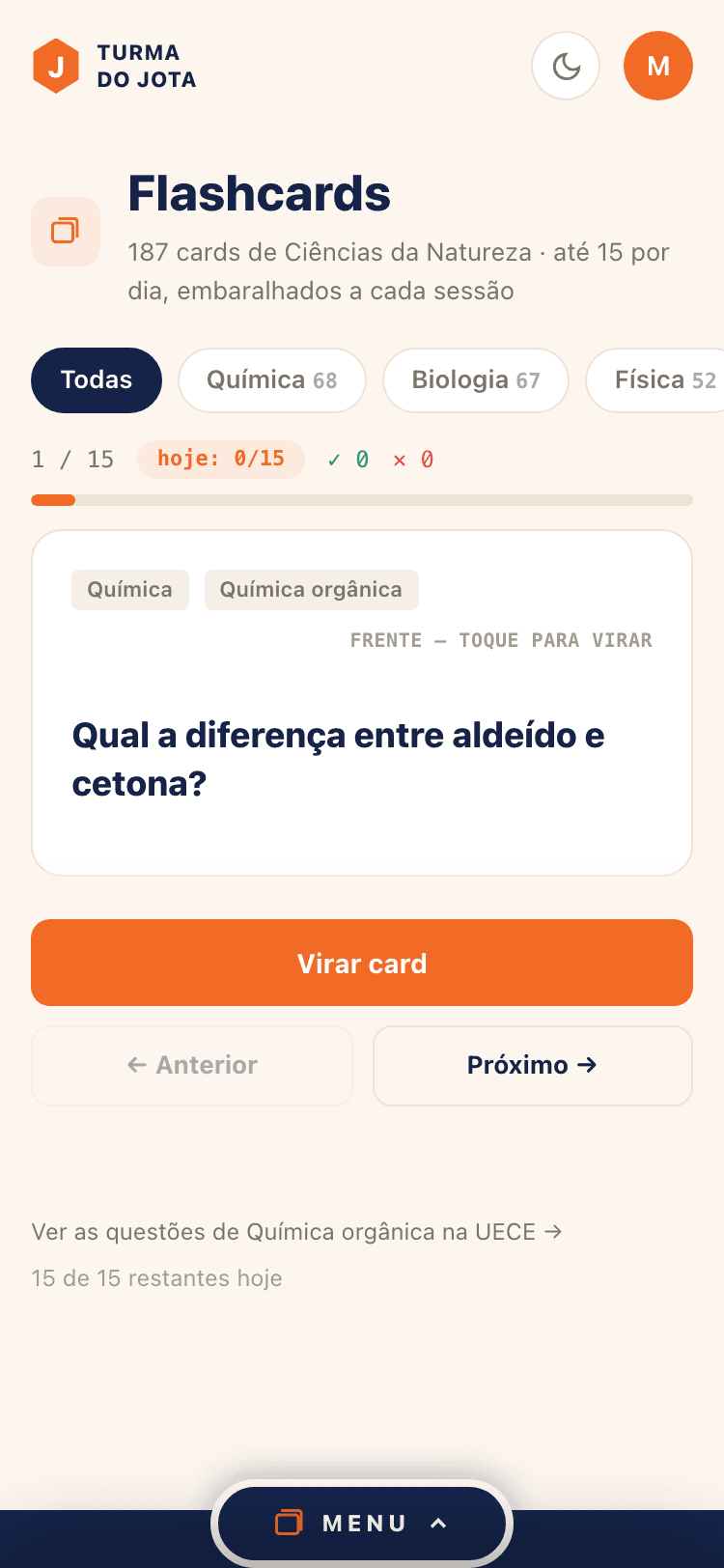 Tela de flashcards de revisão da plataforma da Turma do Jota