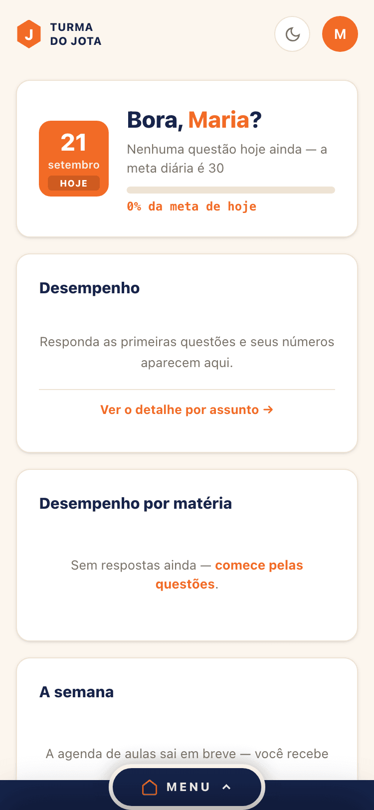 Tela de seu dia, organizado da plataforma da Turma do Jota