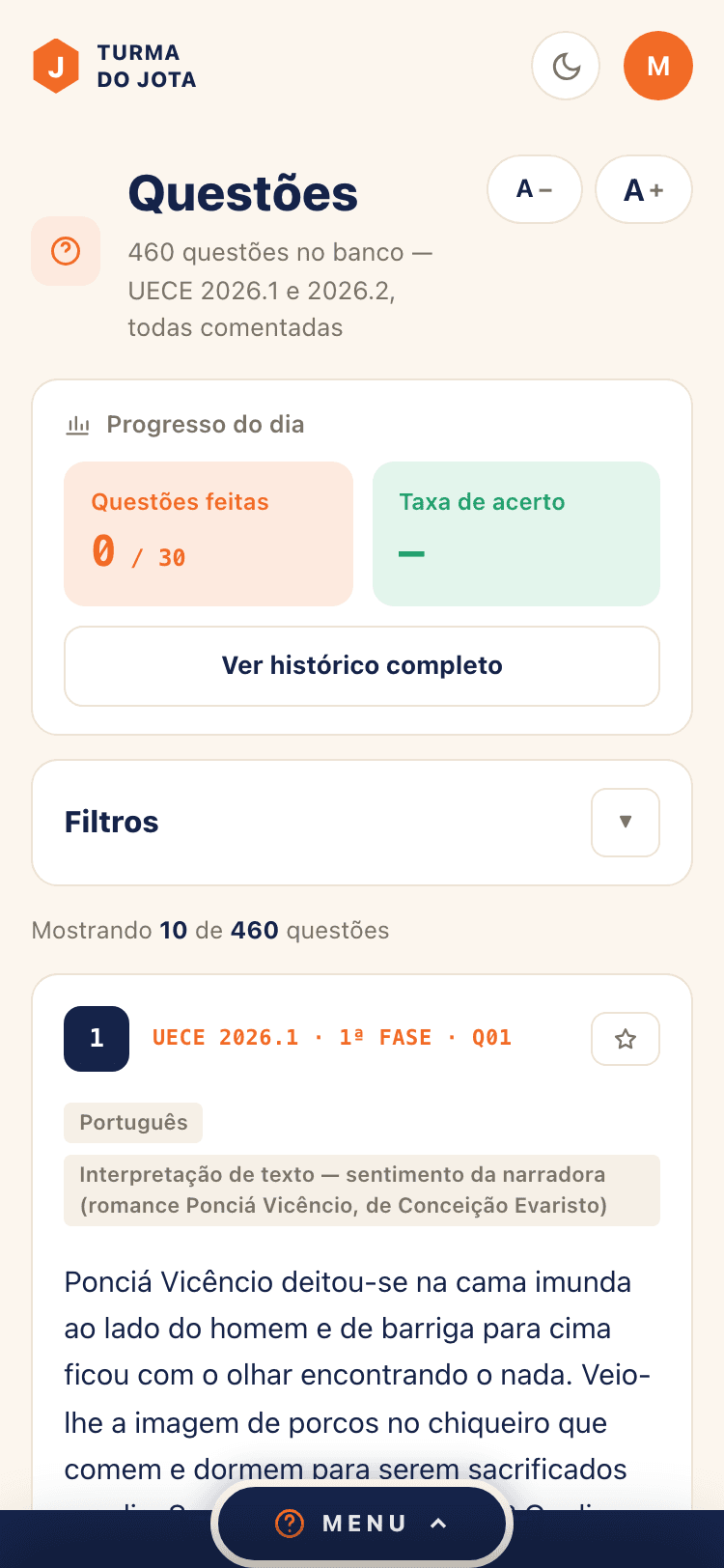 Tela de questões da prova real da plataforma da Turma do Jota